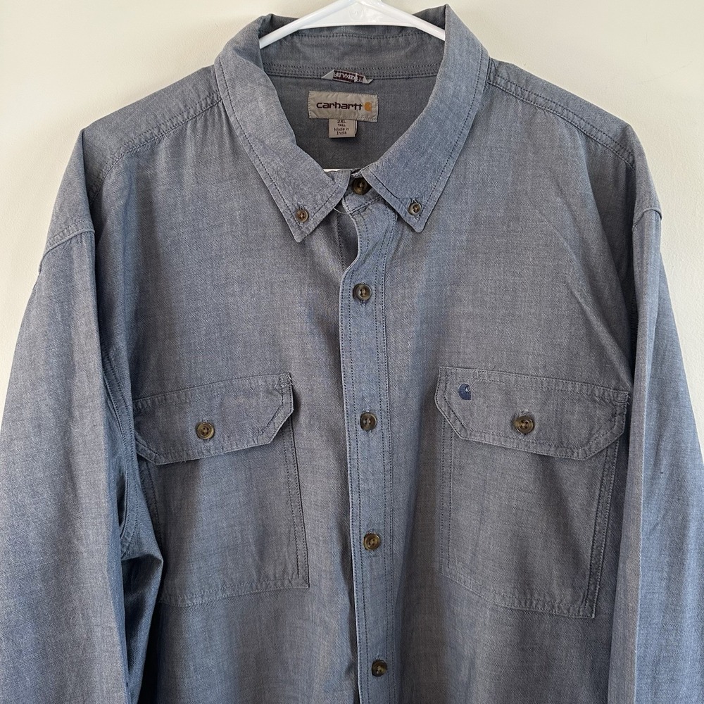 Mens Carhartt Button Shirt Blue Long Sleeve Shirt Relaxed Fit Blue Chambray 2XL - Picture 2 of 12